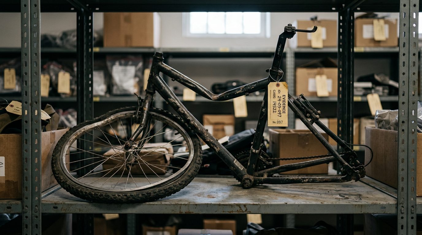 A bent bicycle with a buckled front wheel rests on a metal shelf, with a numbered tag wired to its seat post.