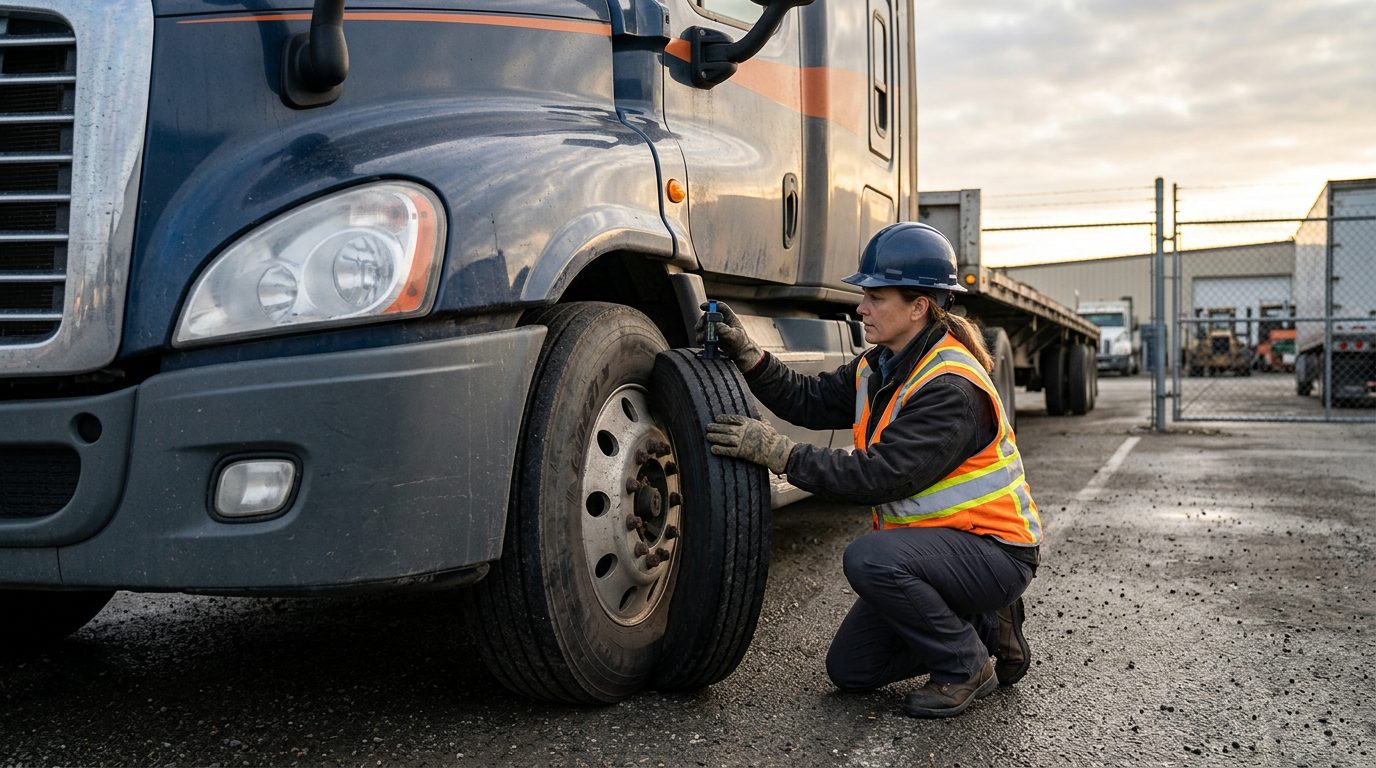 A tractor-trailer cab parked in a fenced depot yard at dawn, with an inspector in a hard hat checking a tire's tread depth.