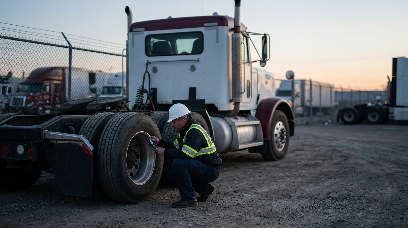 A tractor-trailer cab parked in a fenced depot yard at dawn, with an inspector in a hard hat checking tire tread depth with a gauge.