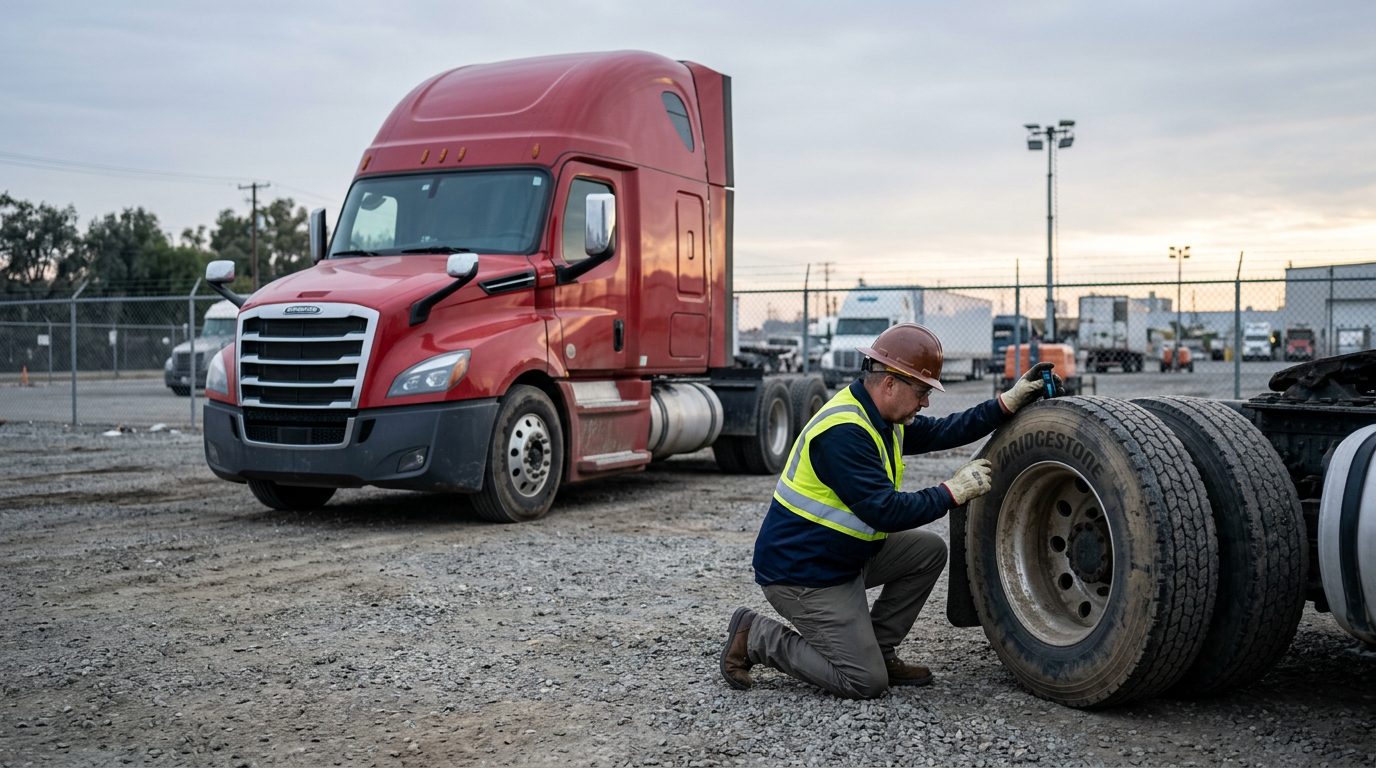 A tractor-trailer cab parked in a fenced depot yard at dawn, with an inspector in a hard hat checking tire tread depth with a gauge.