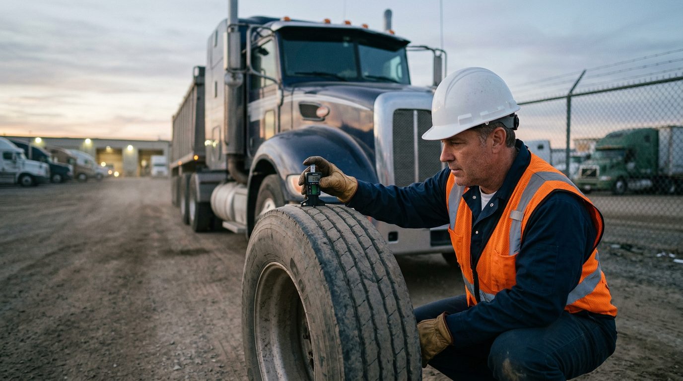 A tractor-trailer cab parked in a fenced depot yard at dawn while an inspector in a hard hat checks tire tread depth with a gauge.
