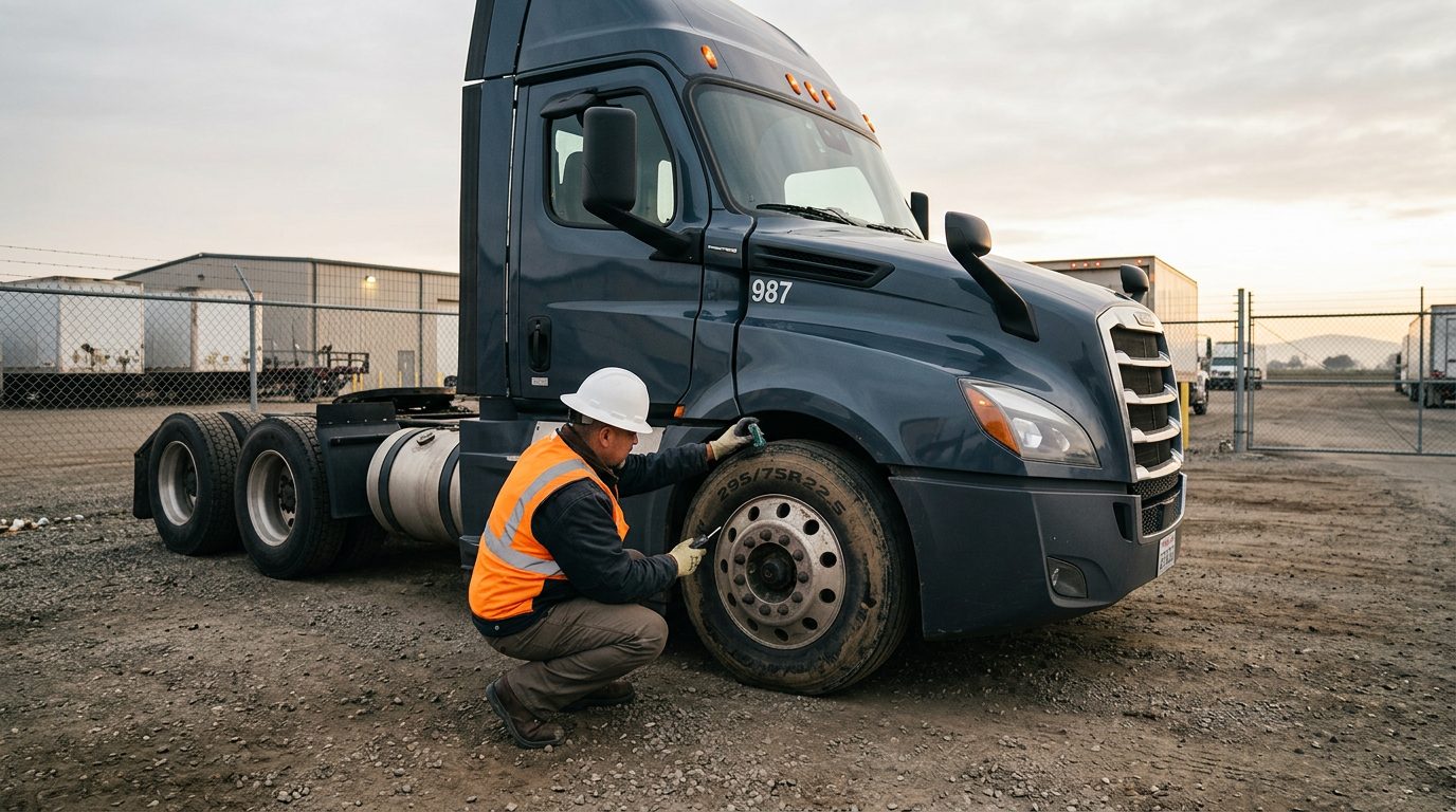 A tractor-trailer cab parked in a fenced depot yard at dawn while an inspector in a hard hat checks tire tread depth with a gauge.
