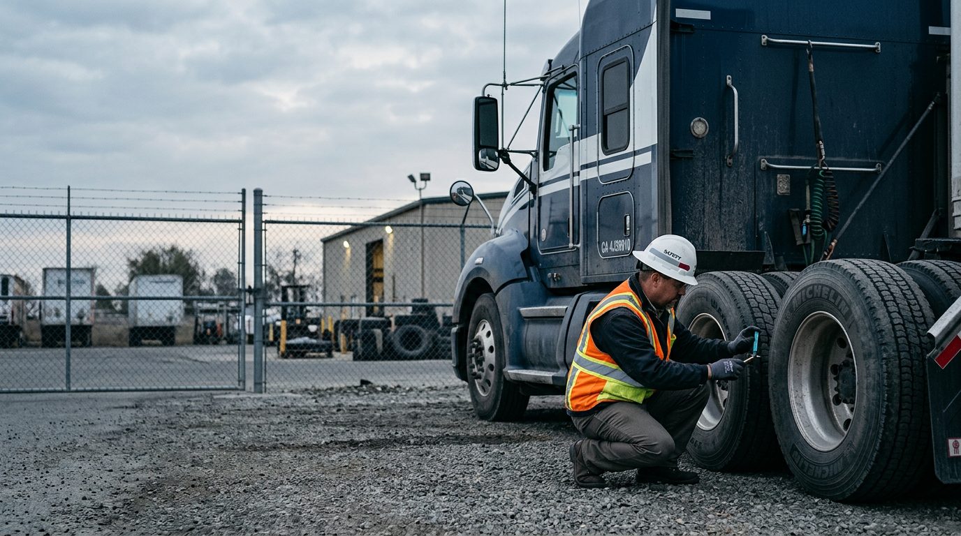 A tractor-trailer cab parked in a fenced depot yard at dawn while an inspector in a hard hat checks tire tread with a gauge.