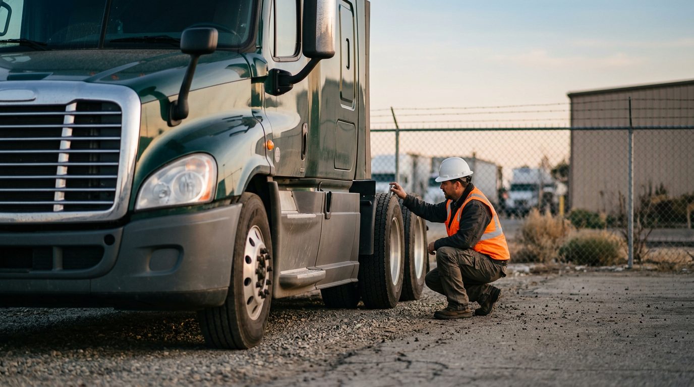 A tractor-trailer cab parked in a fenced depot yard at dawn, with an inspector in a hard hat checking tire tread depth with a gauge.