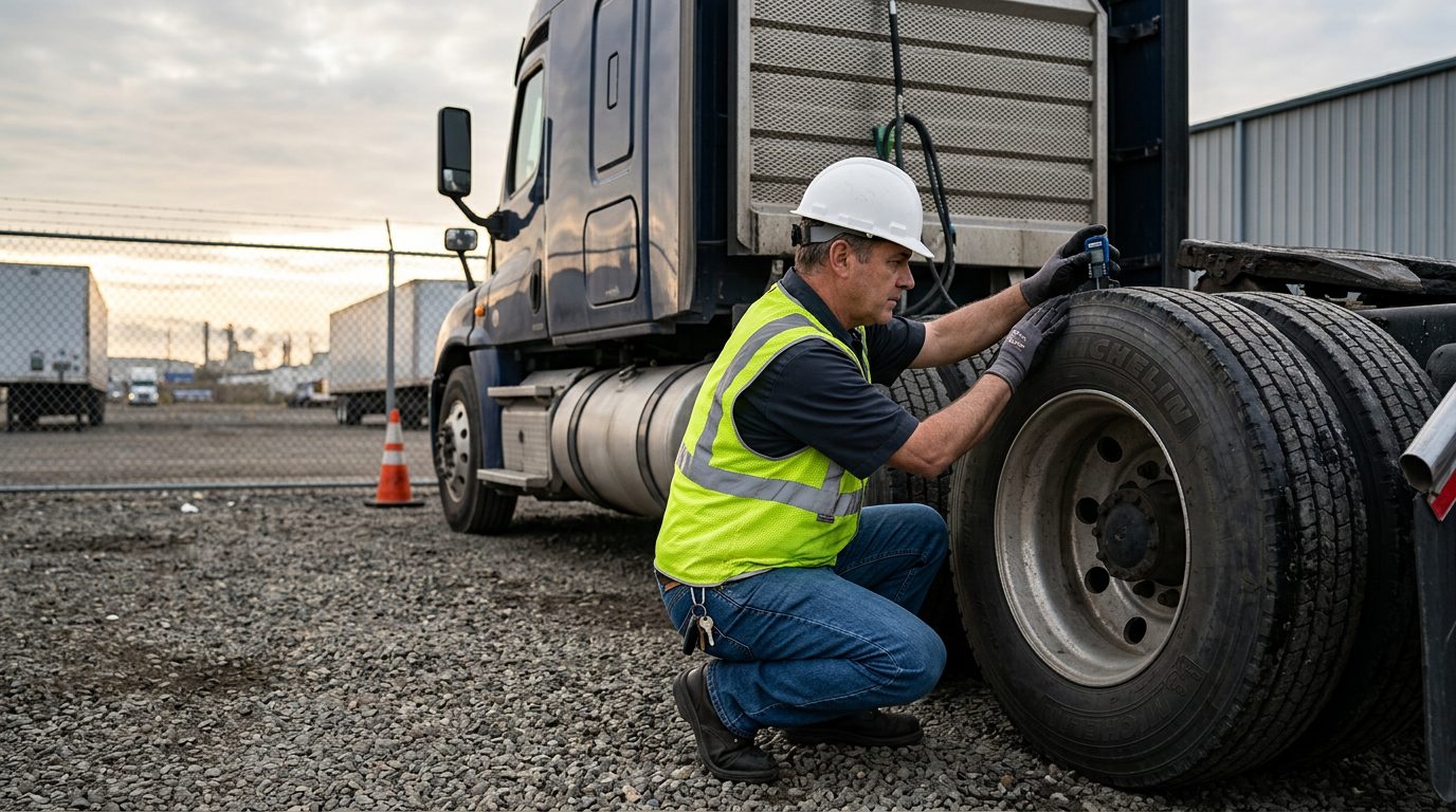 A tractor-trailer cab parked in a fenced depot yard at dawn, with an inspector in a hard hat checking tire tread depth.