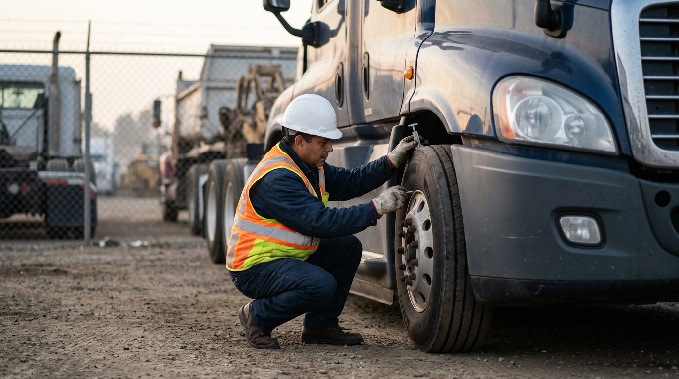 A tractor-trailer cab parked in a fenced depot yard at early morning, as an inspector in a hard hat checks tire tread with a gauge.