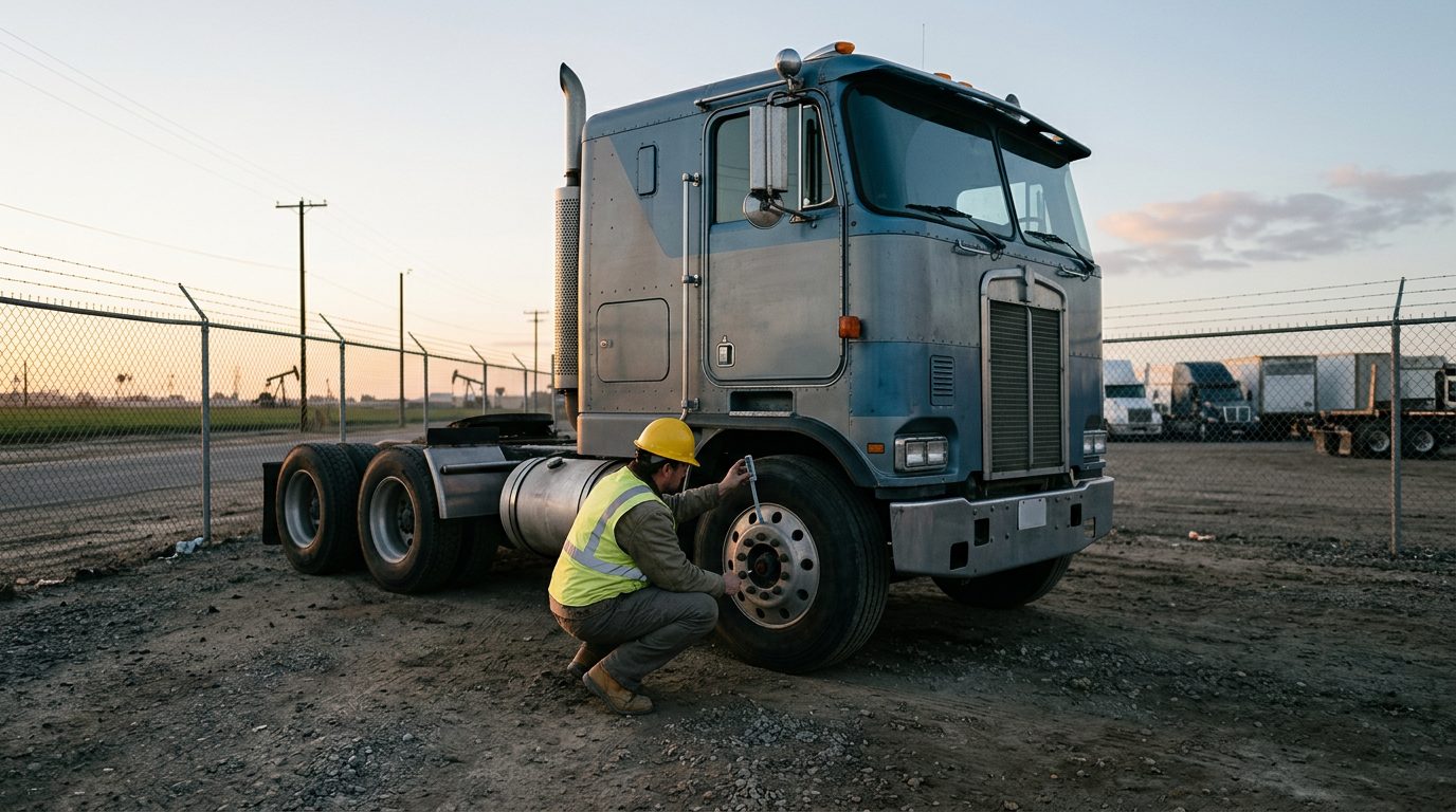 A tractor-trailer inspector in a hard hat checks tire tread depth with a gauge in a fenced depot yard at dawn.