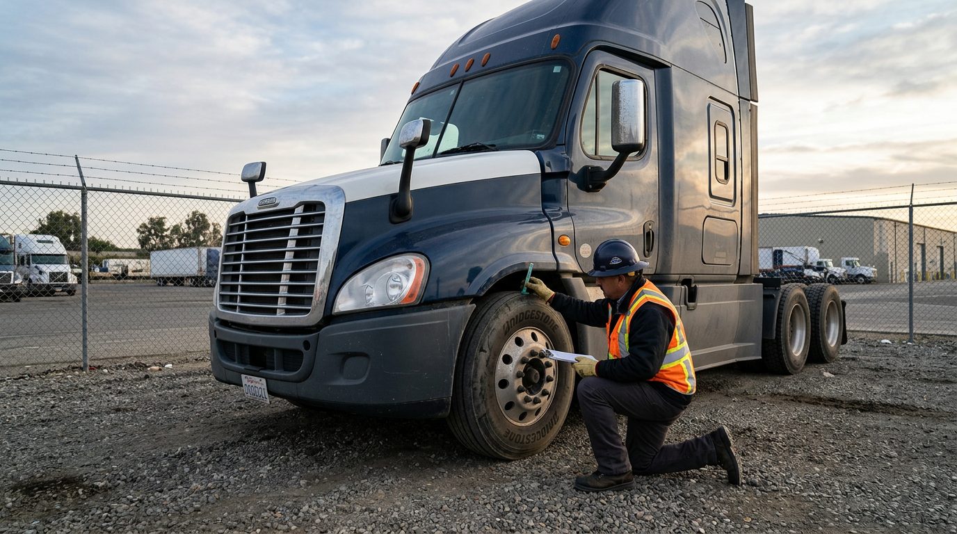 A tractor-trailer parked in a fenced depot yard at dawn while an inspector in a hard hat checks tire tread depth with a gauge.