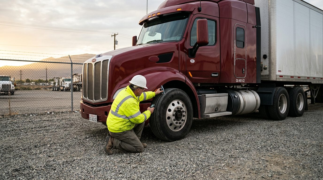 A tractor-trailer parked in a fenced depot yard at dawn while an inspector in a hard hat checks tire tread depth.