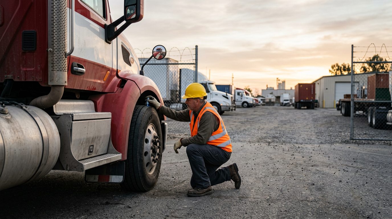 A tractor-trailer parked in a fenced depot yard at dawn while an inspector in a hard hat checks tire tread depth with a gauge.