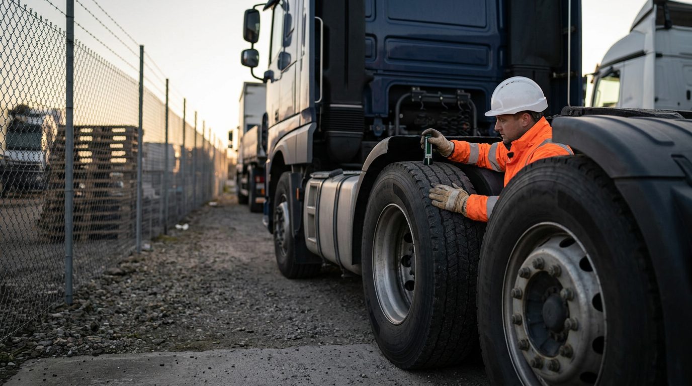 A tractor-trailer parked in a fenced depot yard at dawn while an inspector in a hard hat checks tire tread with a gauge.
