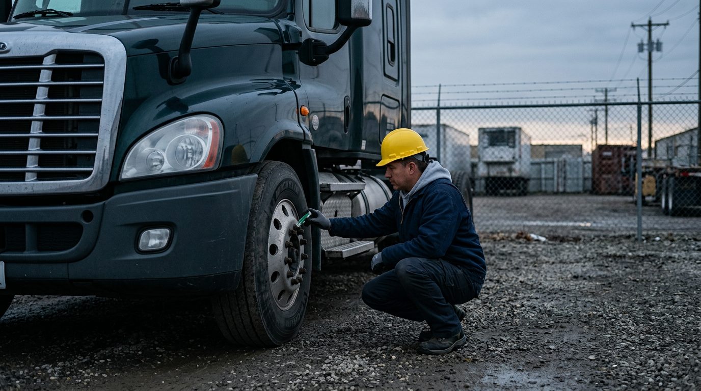 A tractor-trailer parked in a fenced depot yard at dawn while an inspector in a hard hat checks a tire's tread depth with a gauge.