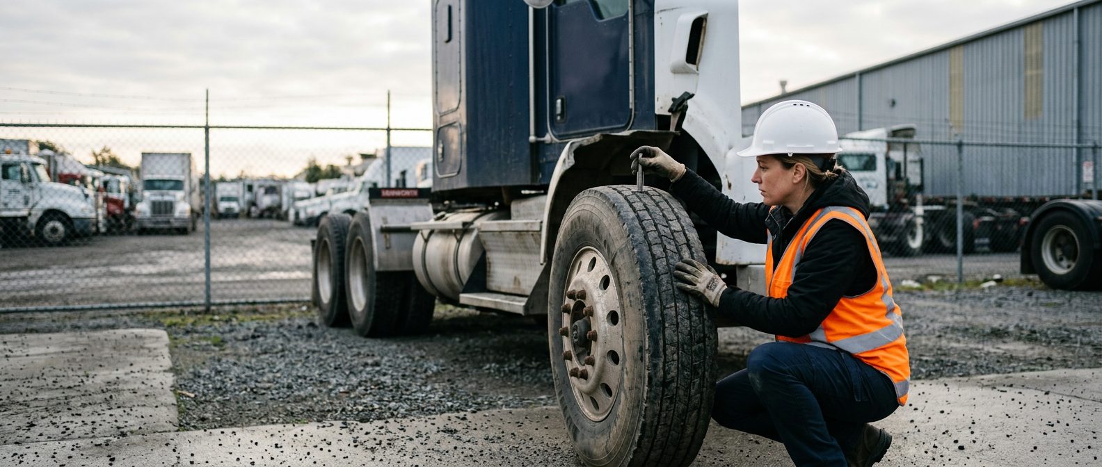 A tractor-trailer parked in a fenced depot yard at dawn, with an inspector in a hard hat checking tire tread depth.