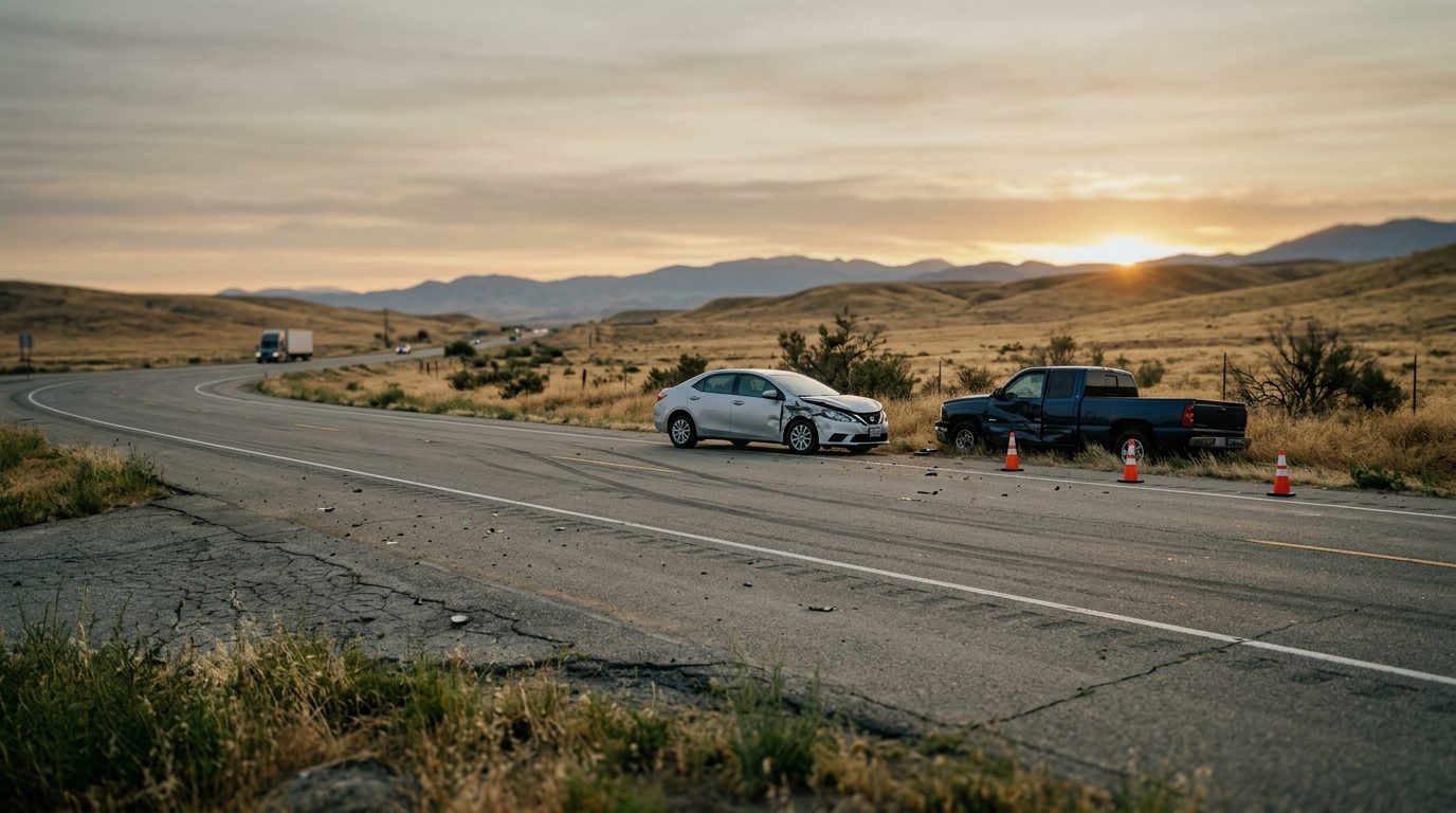 A wide view of a rural two-lane highway in Kern County, California, with no people or injuries visible.