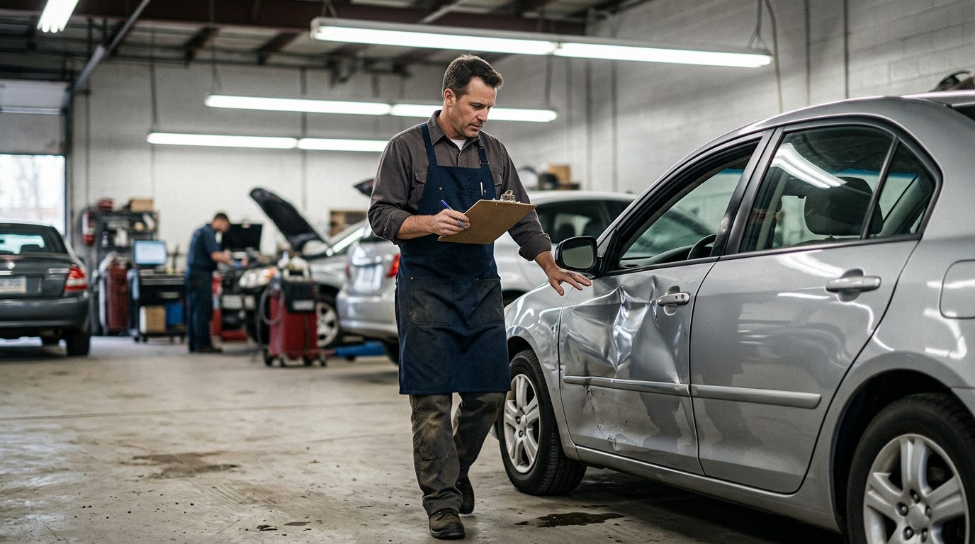 An appraiser in a work apron inspects a dented four-door sedan in an auto body shop bay under fluorescent lights.