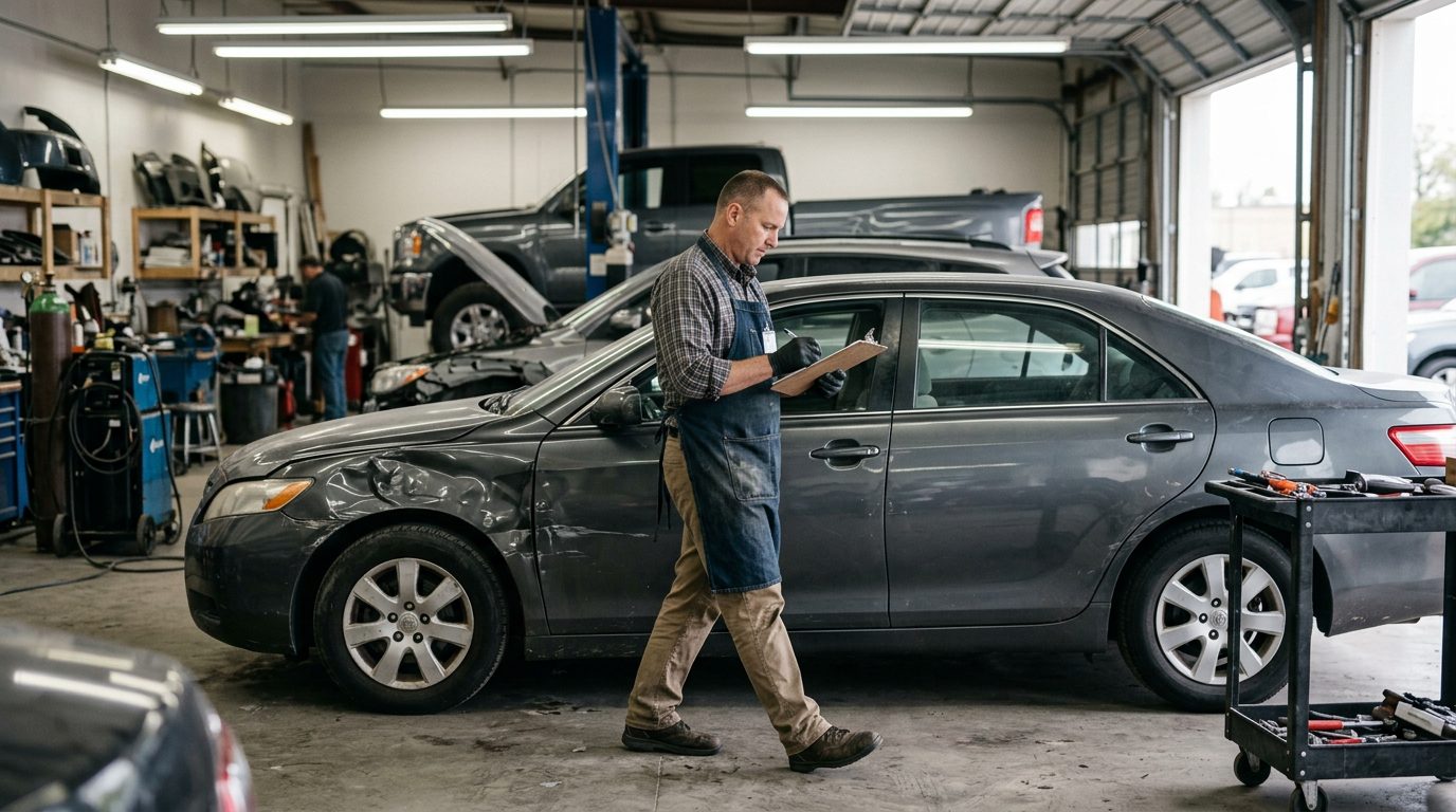 An appraiser in a work apron inspects a dented four-door sedan in a body shop bay under fluorescent lights.