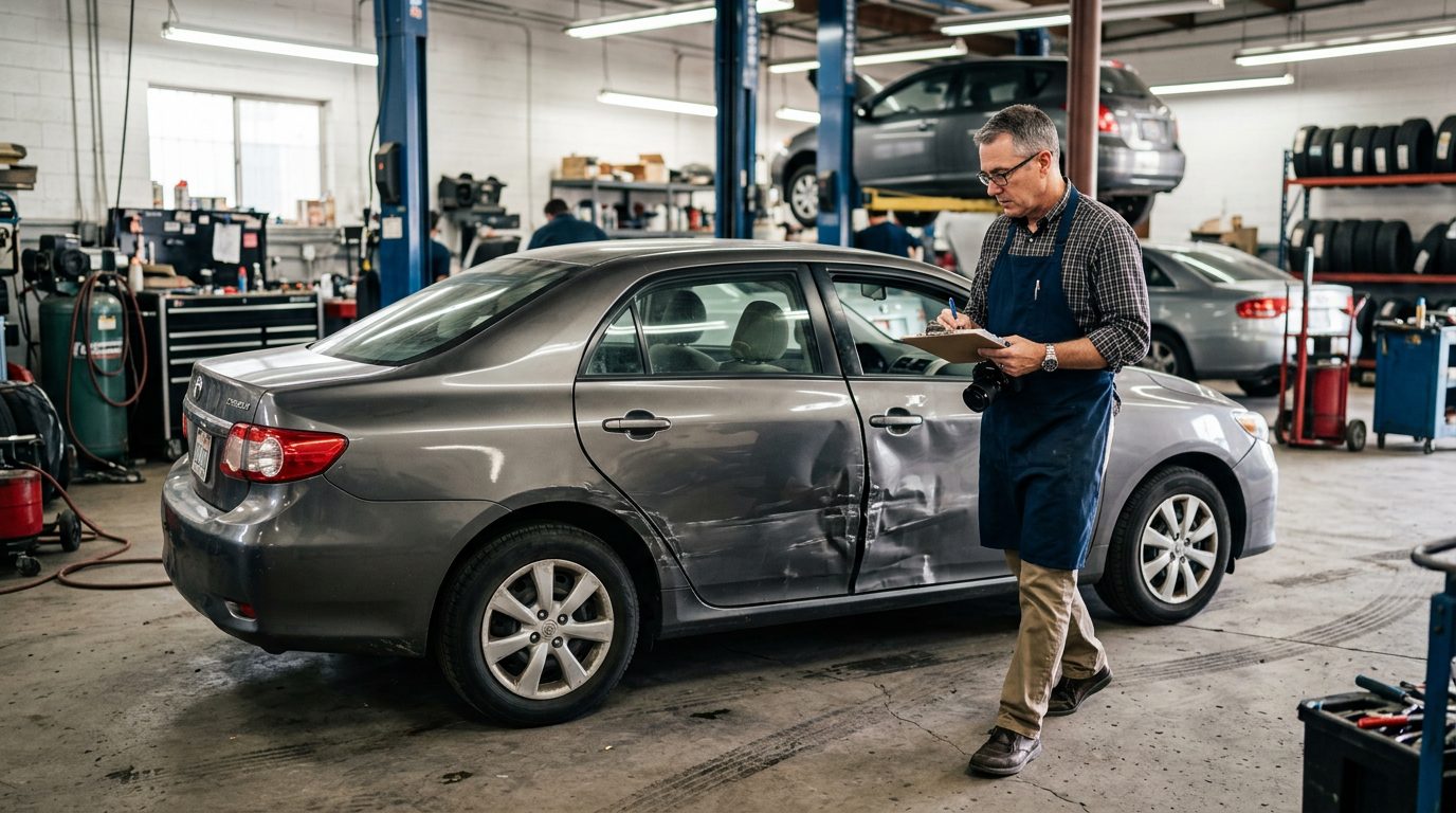 An appraiser in a work apron inspects a dented four-door sedan in an auto body shop, clipboard in hand.
