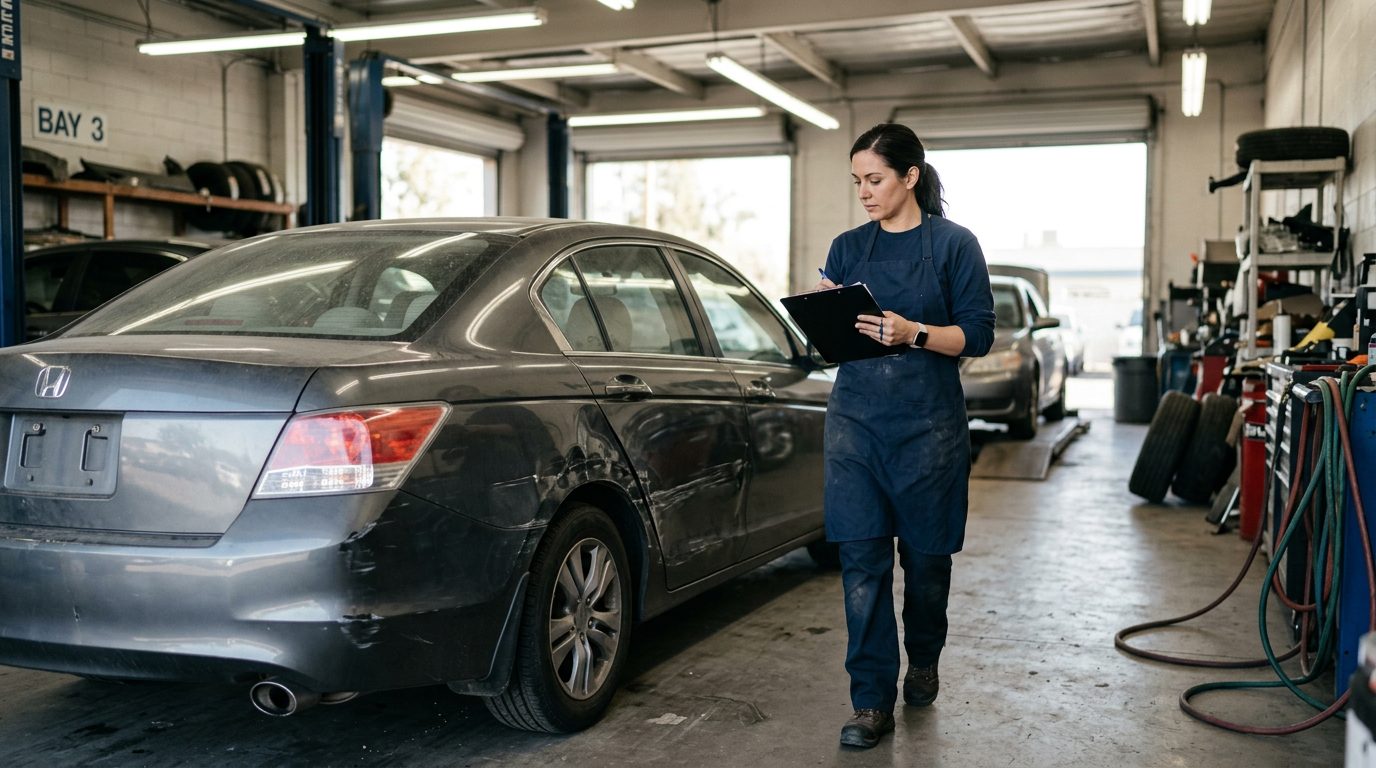 An appraiser in a work apron inspects a dented four-door sedan in an auto body shop, clipboard in hand.