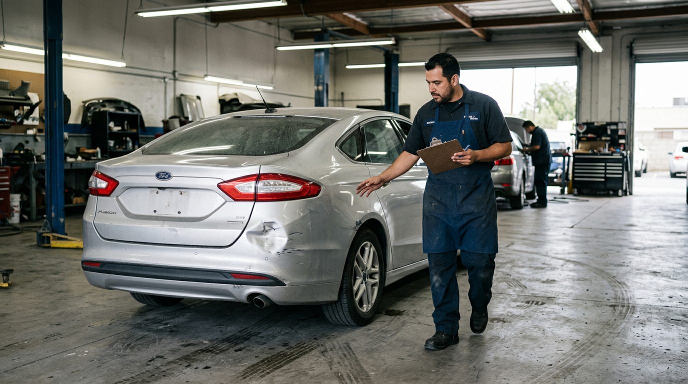 An appraiser in a work apron inspects a dented four-door sedan in a body shop bay.