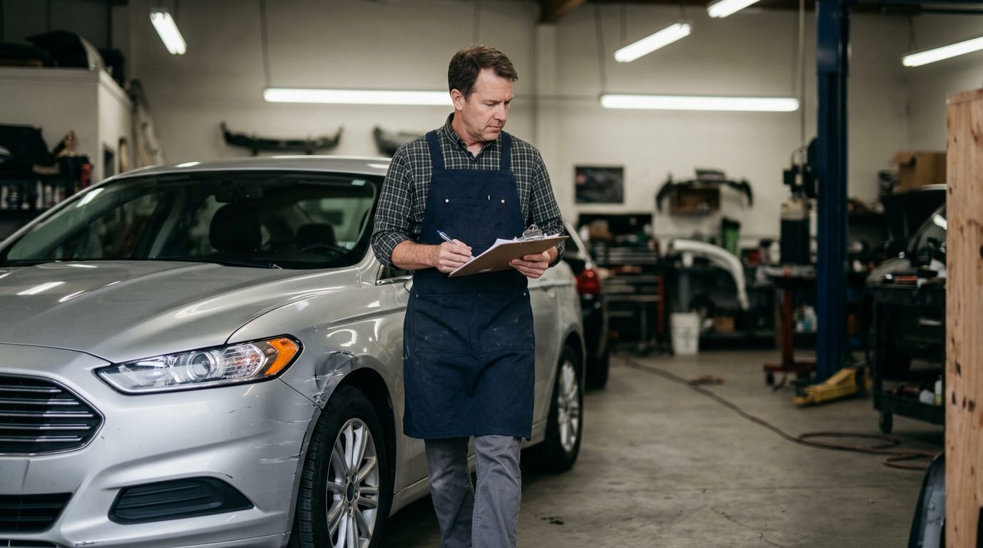An appraiser in a work apron inspects a dented four-door sedan in a fluorescent-lit auto body shop bay.