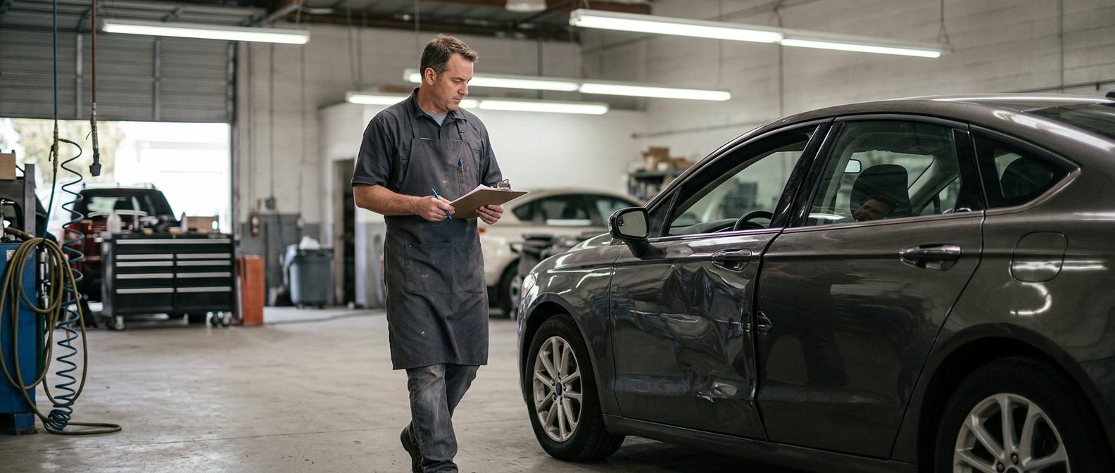 An appraiser in a work apron inspects a dented four-door sedan in a fluorescent-lit auto body shop bay.