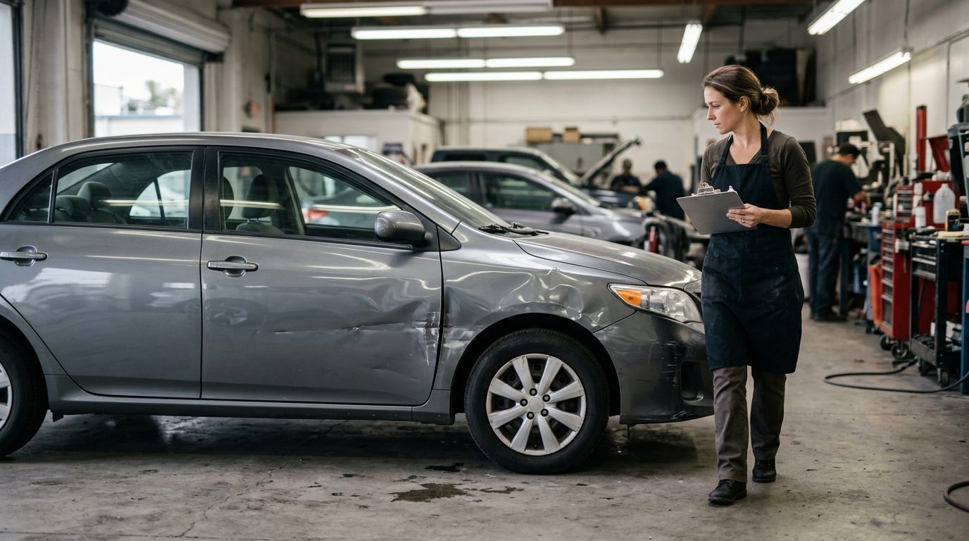 An appraiser in a work apron inspects a dented four-door sedan in a body shop bay.