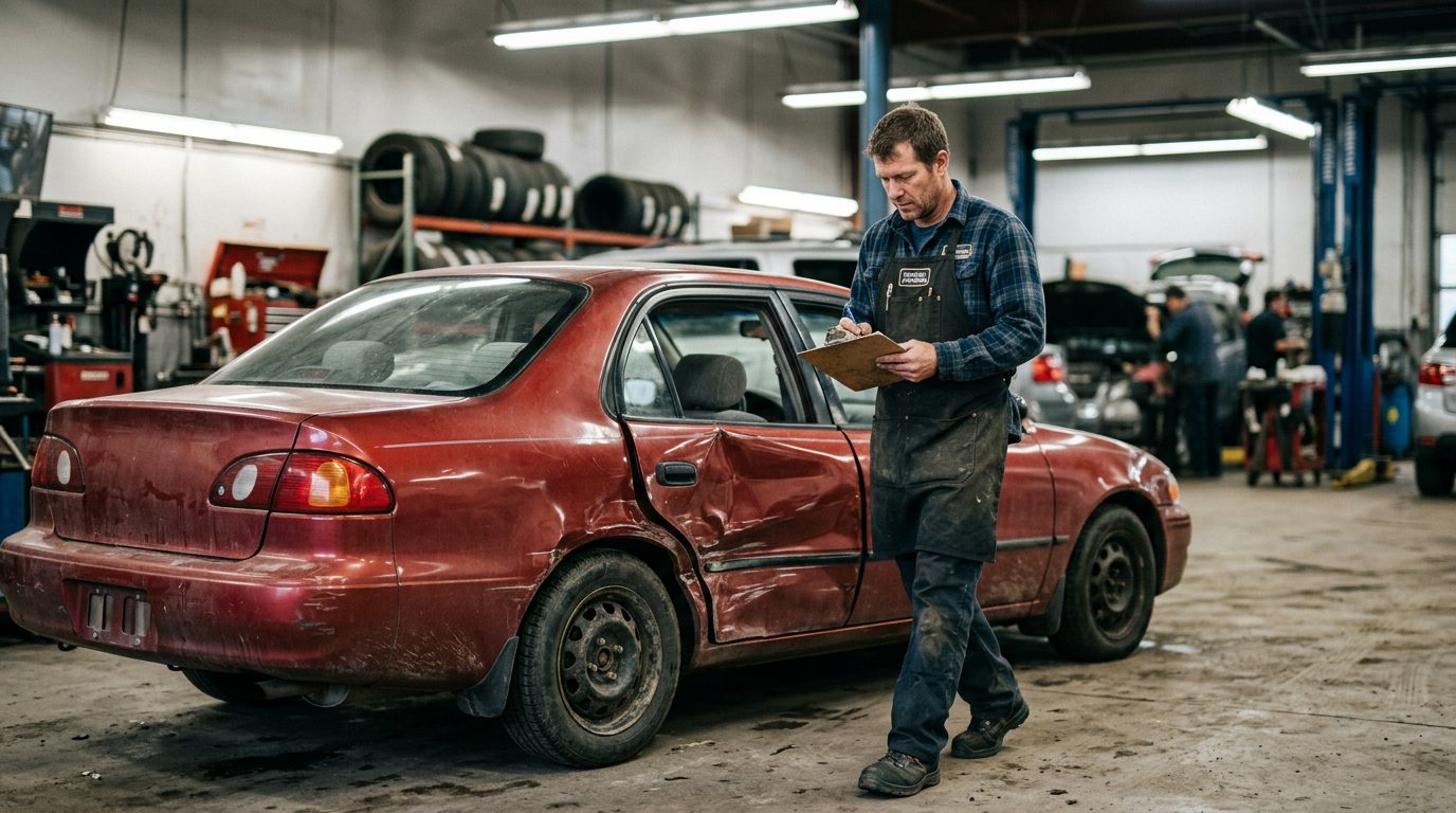 An appraiser in a work apron inspects a dented four-door sedan in an auto body shop, clipboard in hand.