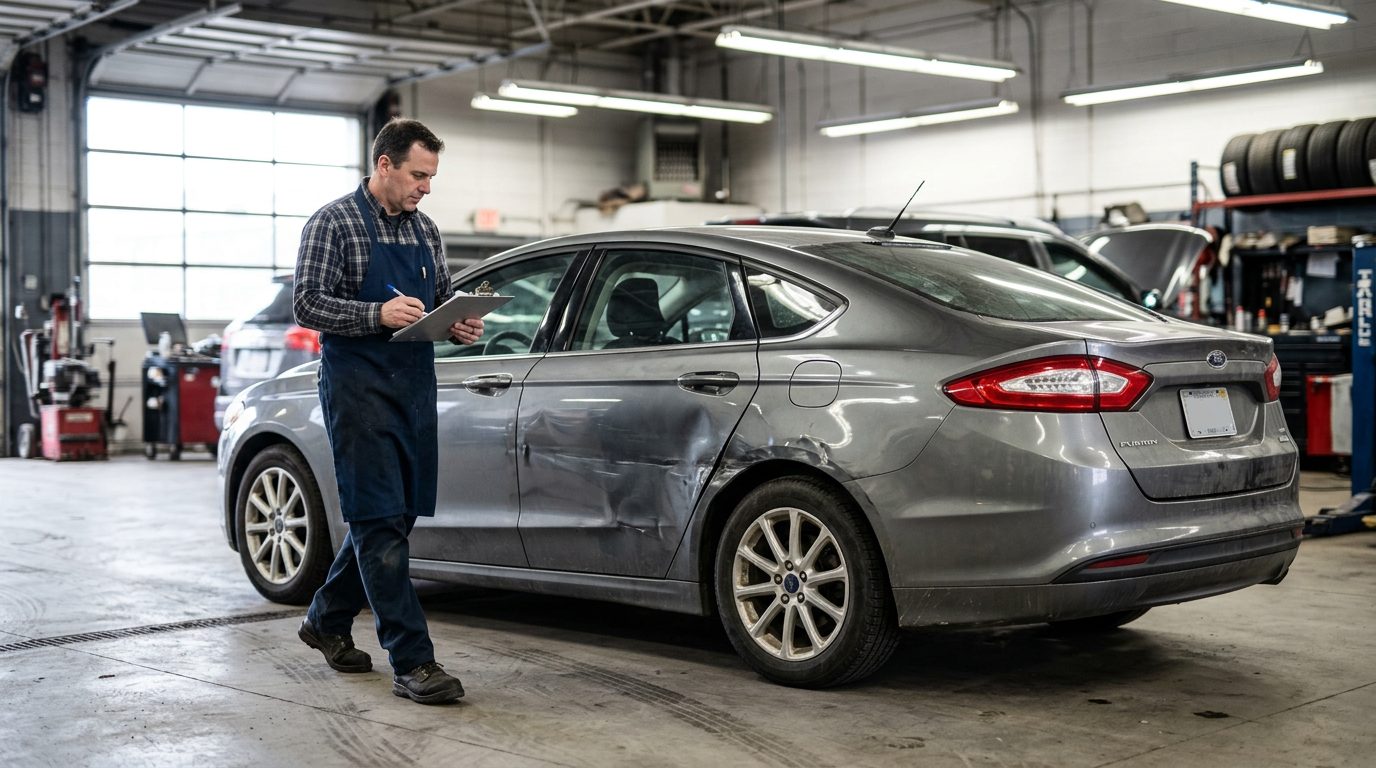 An appraiser in a work apron inspects a dented four-door sedan in an auto body shop, clipboard in hand.