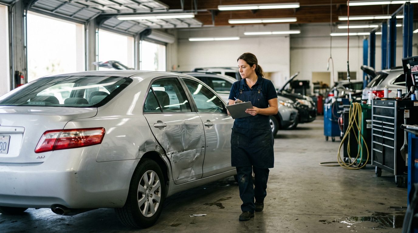 An appraiser in a work apron inspects a dented sedan in a fluorescent-lit auto body shop bay.