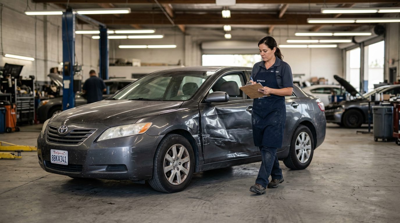 An appraiser in a work apron inspects a dented sedan with a clipboard in an auto body shop under fluorescent lights.