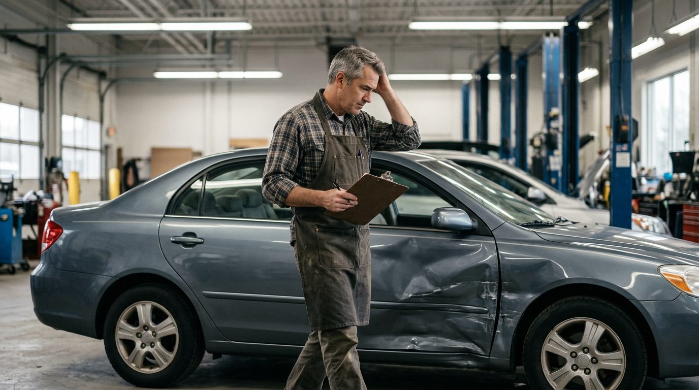 An appraiser in a work apron walks around a dented four-door sedan in a body shop bay, clipboard in hand.