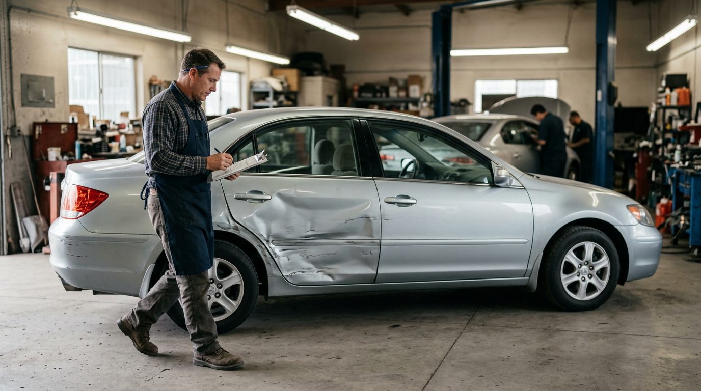 An appraiser in a work apron walks around a dented four-door sedan in a body shop bay, clipboard in hand.