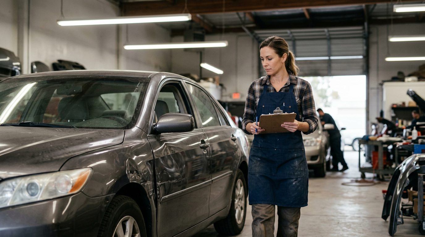 An appraiser in a work apron walks around a dented four-door sedan in a fluorescent-lit auto body shop, clipboard in hand.