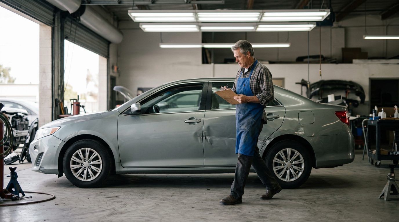 An appraiser in a work apron walks around a dented four-door sedan in a fluorescent-lit auto body shop bay, clipboard in hand.