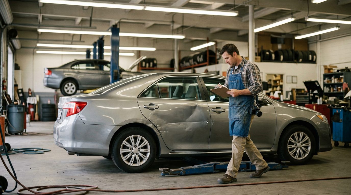 An appraiser in a work apron walks around a dented four-door sedan in an auto body shop, clipboard in hand.