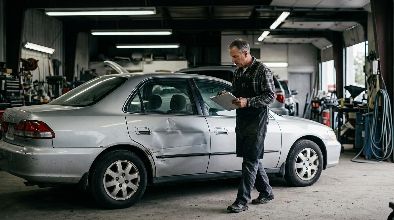An appraiser in a work apron walks around a dented four-door sedan in a body shop bay, clipboard in hand.