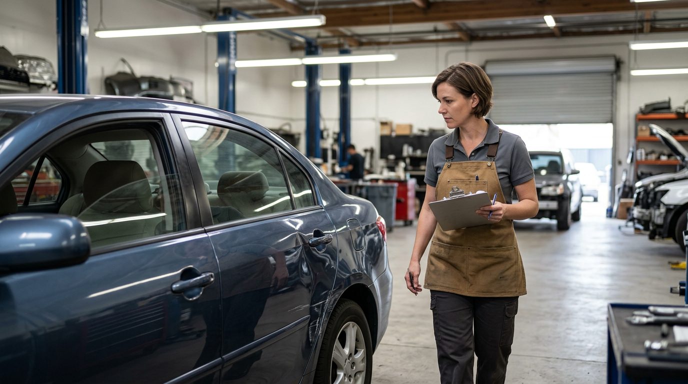 An appraiser in a work apron walks around a dented four-door sedan in a body shop bay, clipboard in hand.