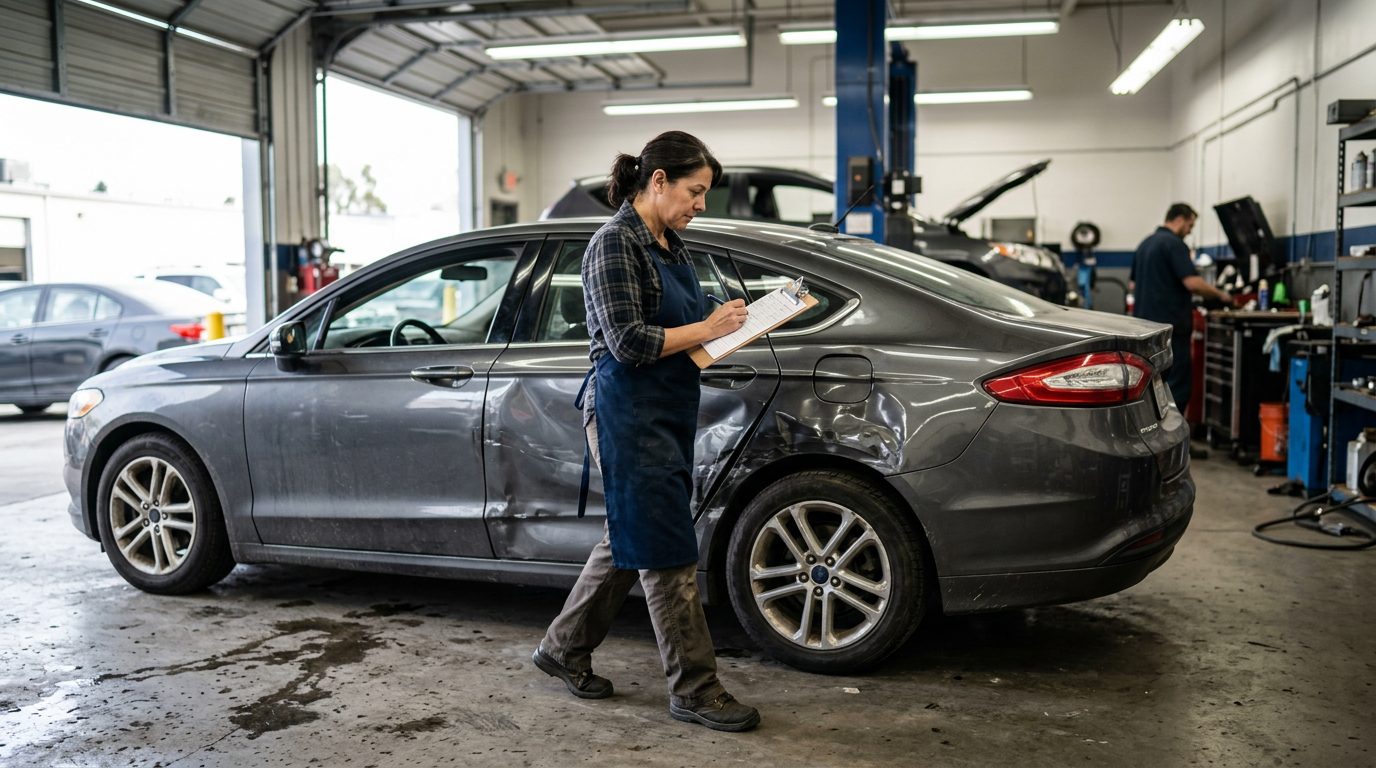An appraiser in a work apron walks around a dented four-door sedan in a body shop bay, clipboard in hand.