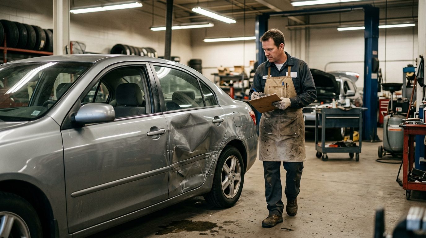 An appraiser in a work apron walks around a dented four-door sedan in an auto body shop, clipboard in hand.
