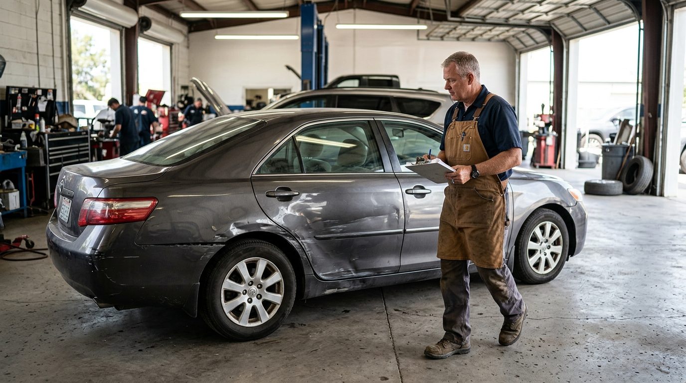 An appraiser in a work apron walks around a dented four-door sedan in an auto body shop, clipboard in hand.