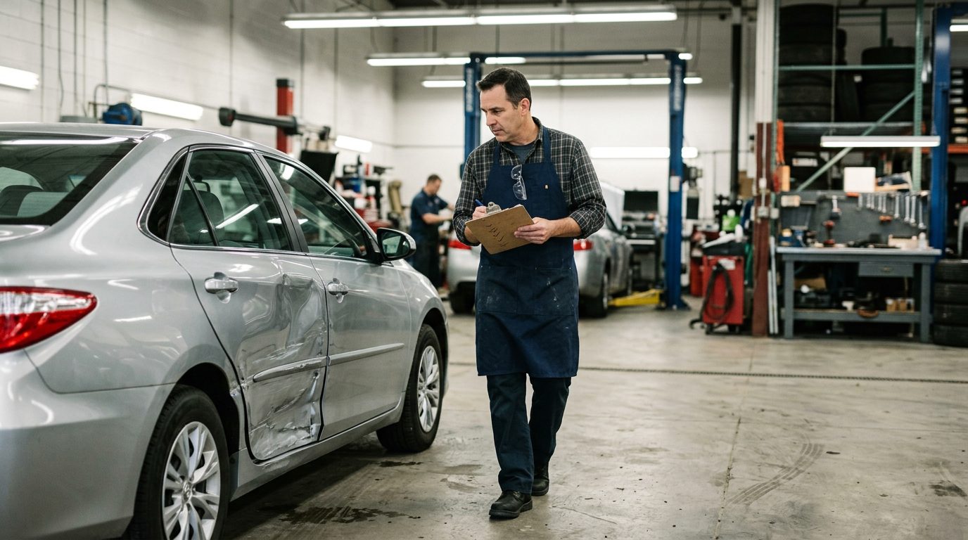 An appraiser in a work apron walks around a dented four-door sedan in a body shop bay, clipboard in hand.