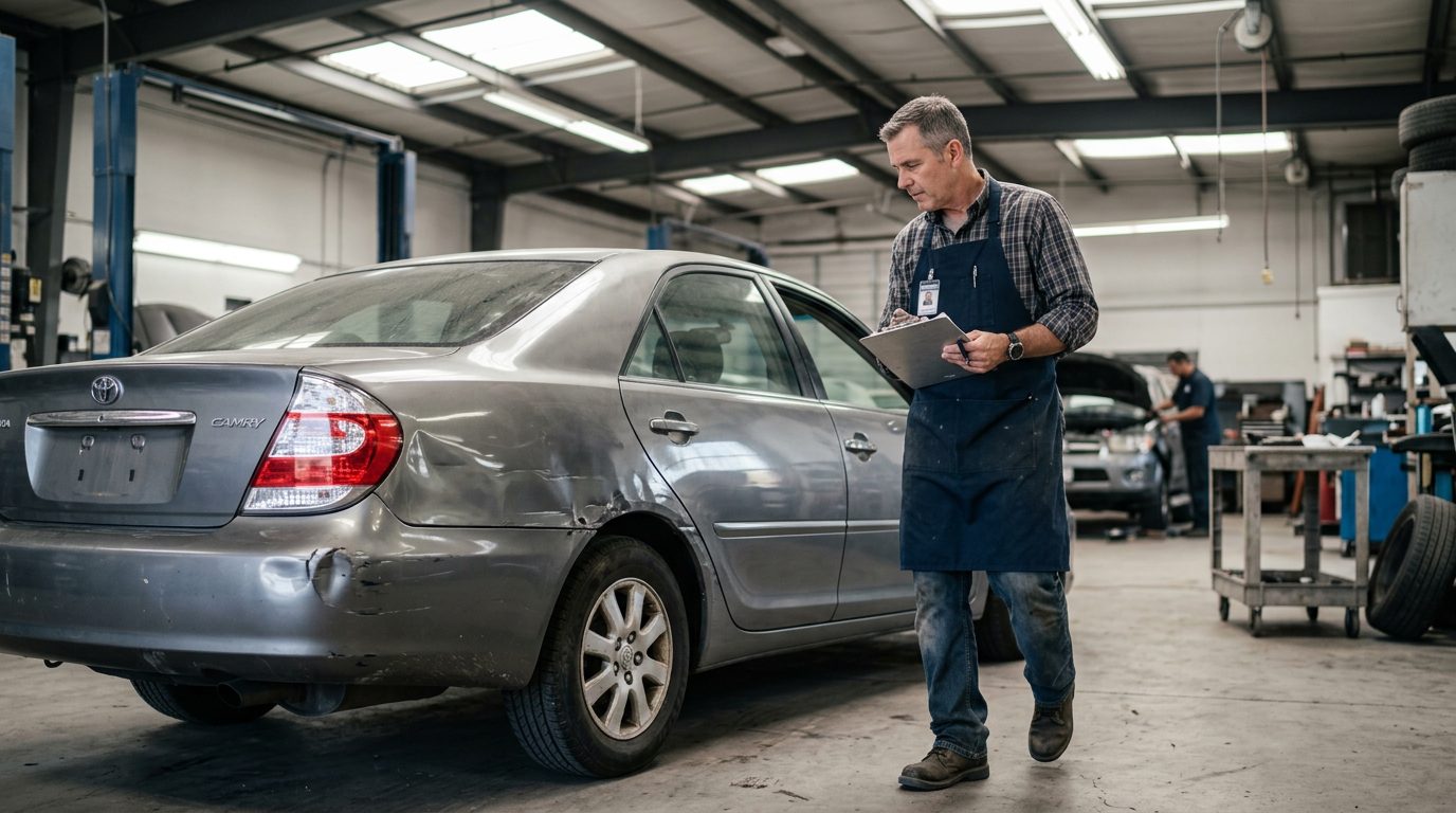An appraiser in a work apron walks around a dented sedan in an auto body shop, clipboard in hand.