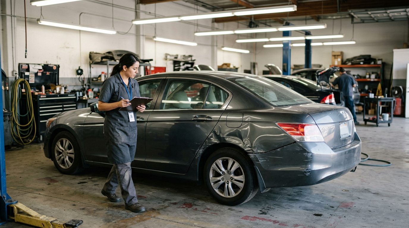 An appraiser in a work apron walks slowly around a dented four-door sedan in a fluorescent-lit auto body shop, clipboard in hand.