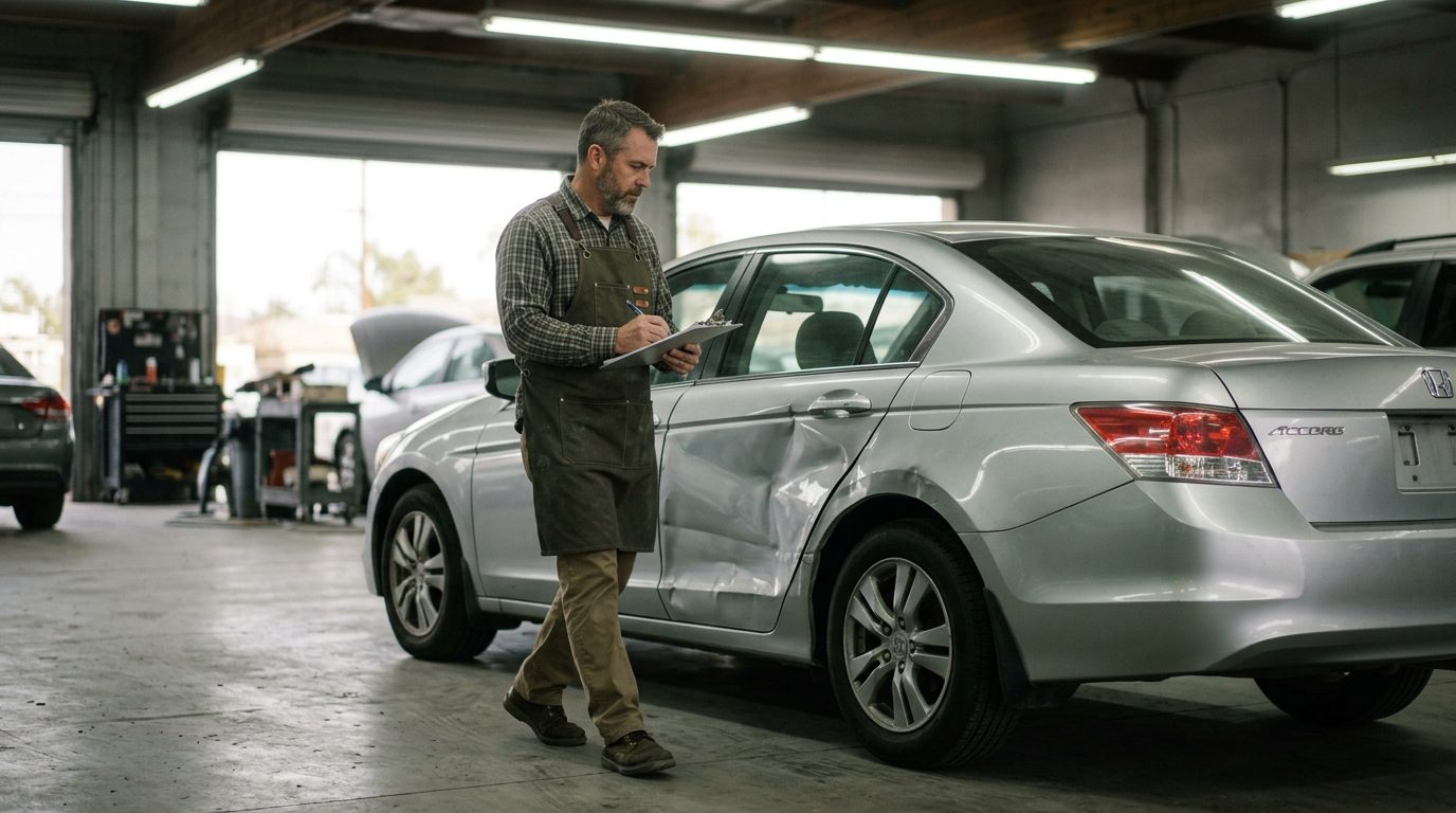 An appraiser in a work apron with a clipboard inspects a dented four-door sedan in a fluorescent-lit auto body shop bay.