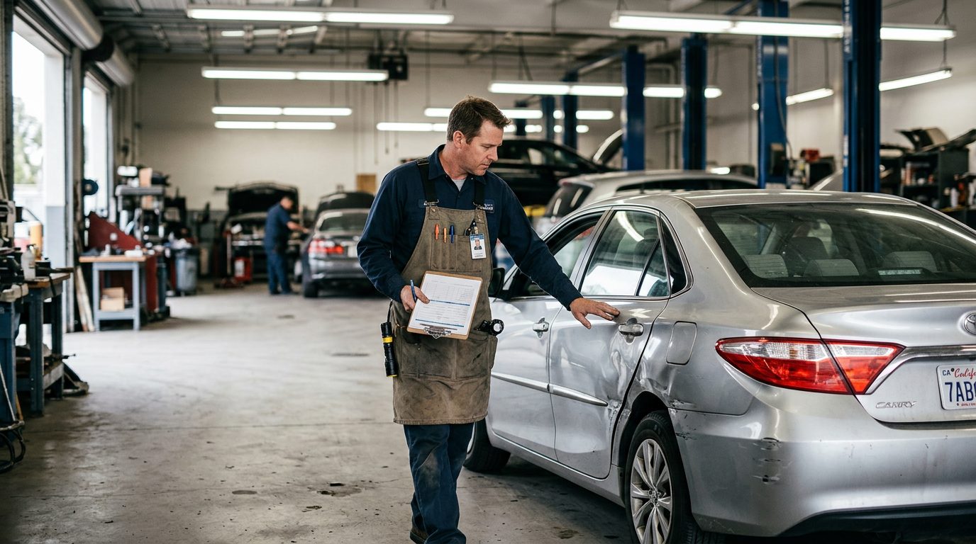An appraiser in a work apron with a clipboard inspects a dented four-door sedan in a fluorescent-lit auto body shop.