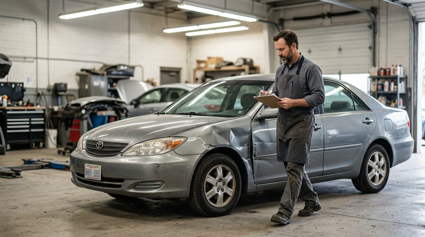 An appraiser in a work apron with a clipboard inspects a dented four-door sedan in a fluorescent-lit auto body shop.