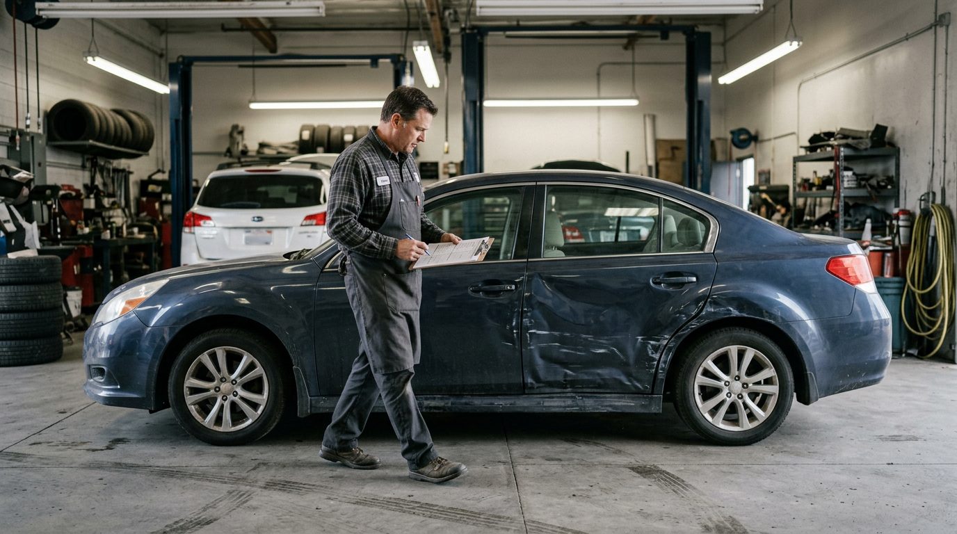 An appraiser in a work apron with a clipboard inspects a dented four-door sedan in a fluorescent-lit auto body shop.