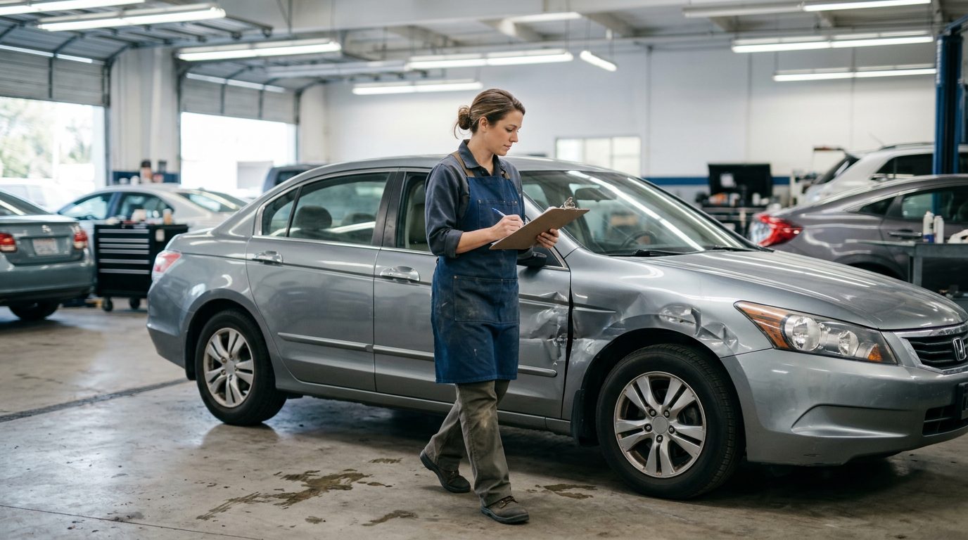 An appraiser in a work apron with a clipboard inspects a dented four-door sedan in an auto body shop.