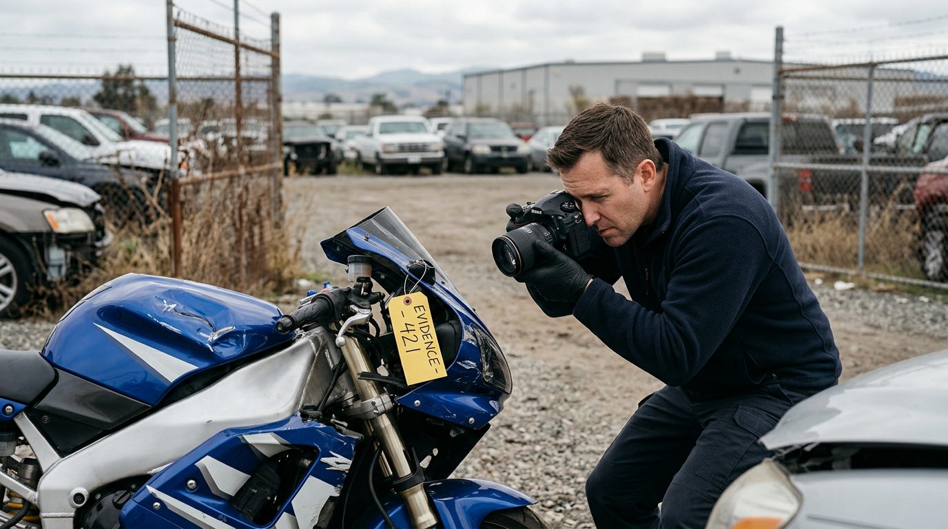 An investigator in a fleece jacket and gloves photographs a crushed motorcycle front end in a fenced impound lot.
