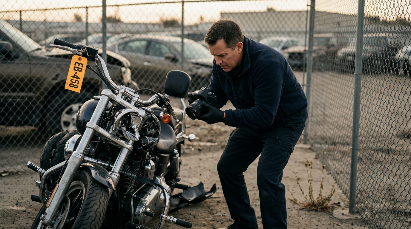 An investigator in a fleece jacket and gloves photographs a crushed motorcycle front end in a fenced impound lot, with an evidence tag on the